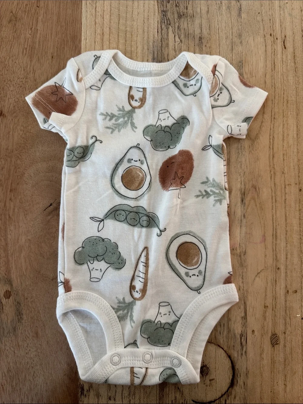 Unbranded White Baby One-Piece Romper with Green & Brown Veggie Print